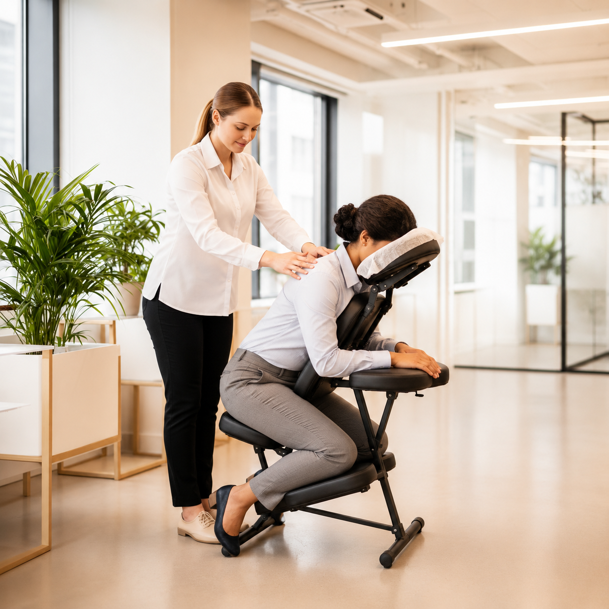 Calm corporate chair massage in a modern Boston office